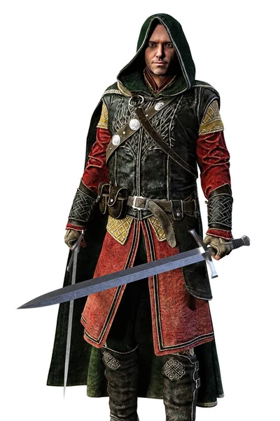 bir erkek fantezi Ortaçağ savaşçı veya asilzade iki kılıç ile 3D dijital işleme. Uygun özellikle kitap örtmek sanat ve tasarım tarihi ve highlander romantizm, fantezi, Elf Tarzlar.