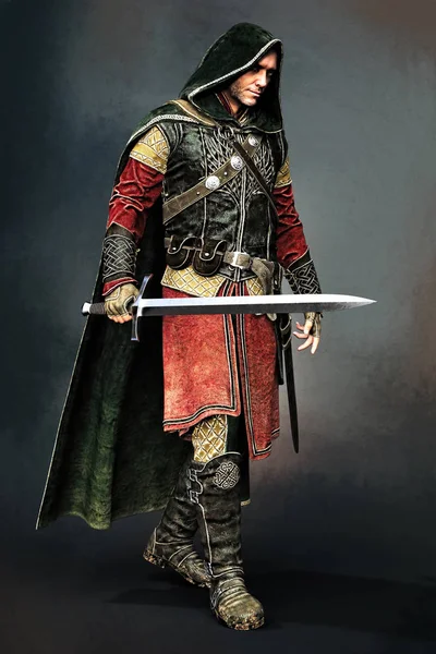 bir erkek fantezi Ortaçağ savaşçı ya da soylu bir kılıç ile 3D dijital işleme. Uygun özellikle kitap örtmek sanat ve tasarım tarihi ve highlander romantizm, fantezi, Elf Tarzlar.