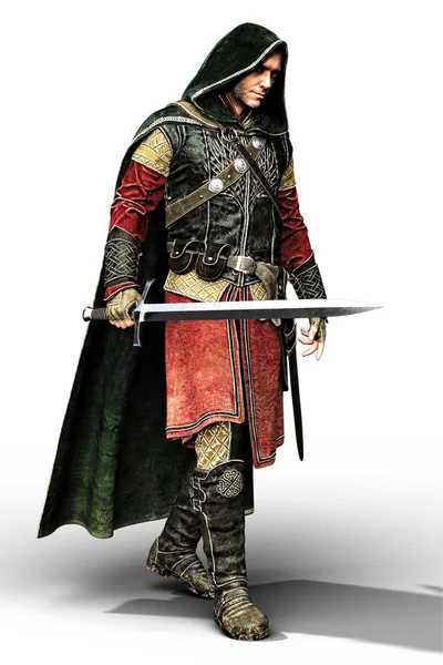 Kukuletalı adam işleme izole. bir erkek fantezi Ortaçağ savaşçı ya da soylu bir kılıç ile 3D dijital işleme. Uygun özellikle kitap örtmek sanat ve tasarım tarihi ve highlander romantizm, fantezi, Elf Tarzlar.