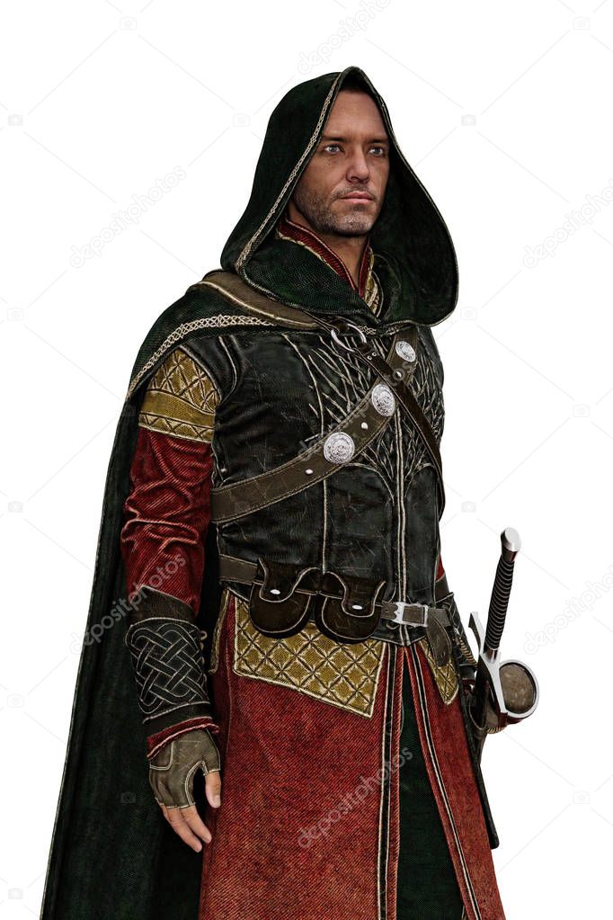 3D digital rendering of a male fantasy medieval ranger or nobleman. Particularly suited to book cover art and design in the historical and highlander romance, fantasy, elven genres.