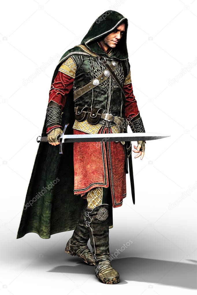 Rendering Hooded Man Isolated. 3D digital rendering of a male fantasy medieval warrior or nobleman with a sword. Particularly suited to book cover art and design in the historical and highlander romance, fantasy, elven genres.