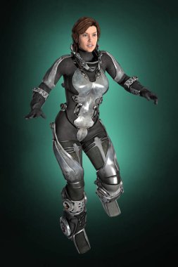 3D render onun uzay başlığın olmadan yüksek teknoloji fütüristik uzay giysisi içinde bir kadın. İçinde bu kask daha az sıfır g poz ile uzay gemisi senaryoları için ideal.