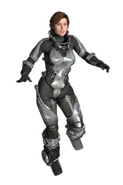 3D render onun uzay başlığın olmadan yüksek teknoloji fütüristik uzay giysisi içinde bir kadın. İçinde bu kask daha az sıfır g poz ile uzay gemisi senaryoları için ideal.