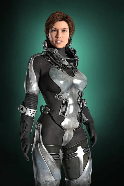 3D rendering of a woman in a hi-tech futuristic spacesuit without her space helmet. Ideal for inside spaceship scenarios.