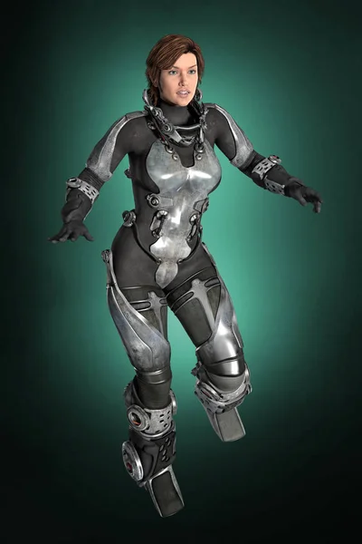 Darstellung Einer Frau Einem Futuristischen High Tech Raumanzug Ohne Weltraumhelm — Stockfoto