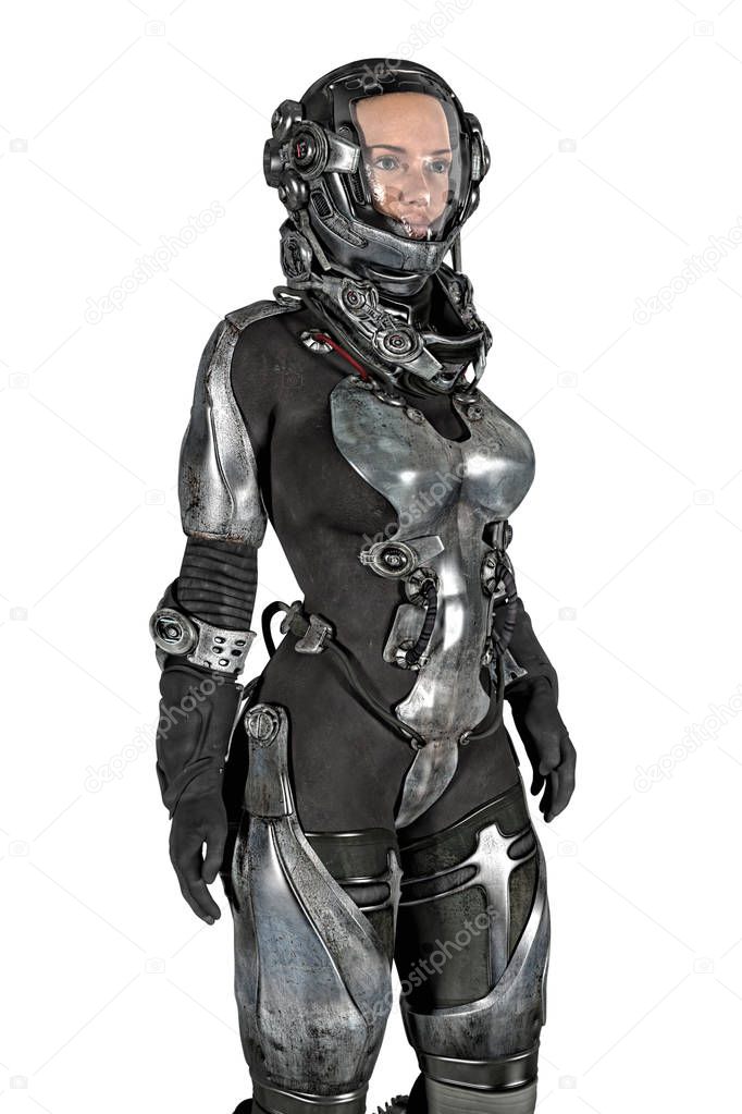 3D rendering of a woman in a hi-tech futuristic spacesuit. 