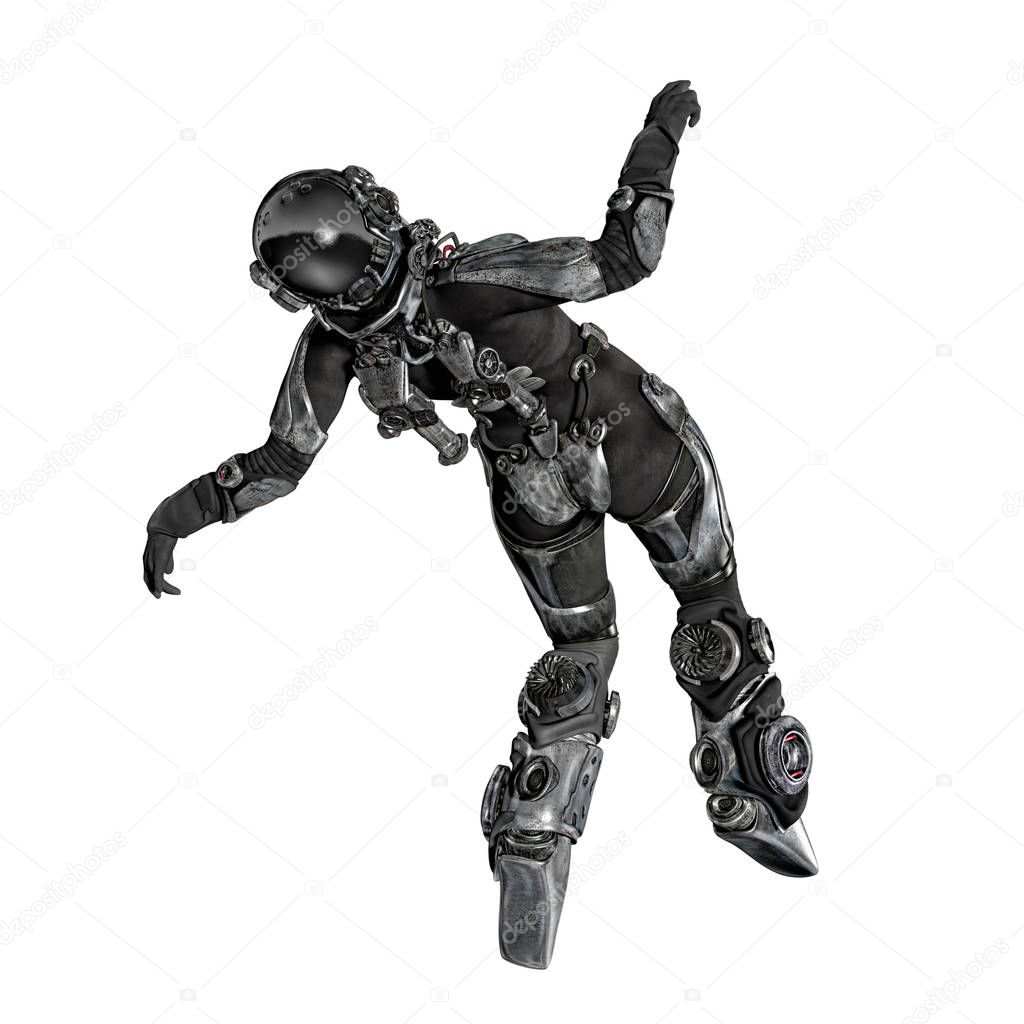 3D rendering of a woman in a hi-tech futuristic spacesuit in zero-g pose as if floating in space. This is a back view image of the character.