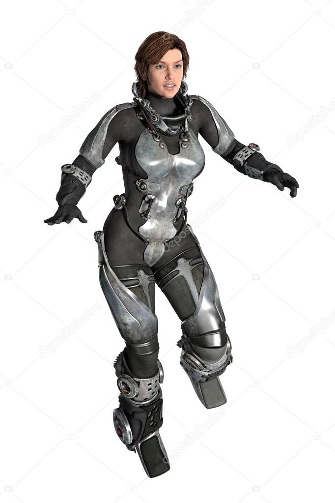3D rendering of a woman in a hi-tech futuristic spacesuit without her space helmet. Ideal for inside spaceship scenarios with this helmet less zero g pose.