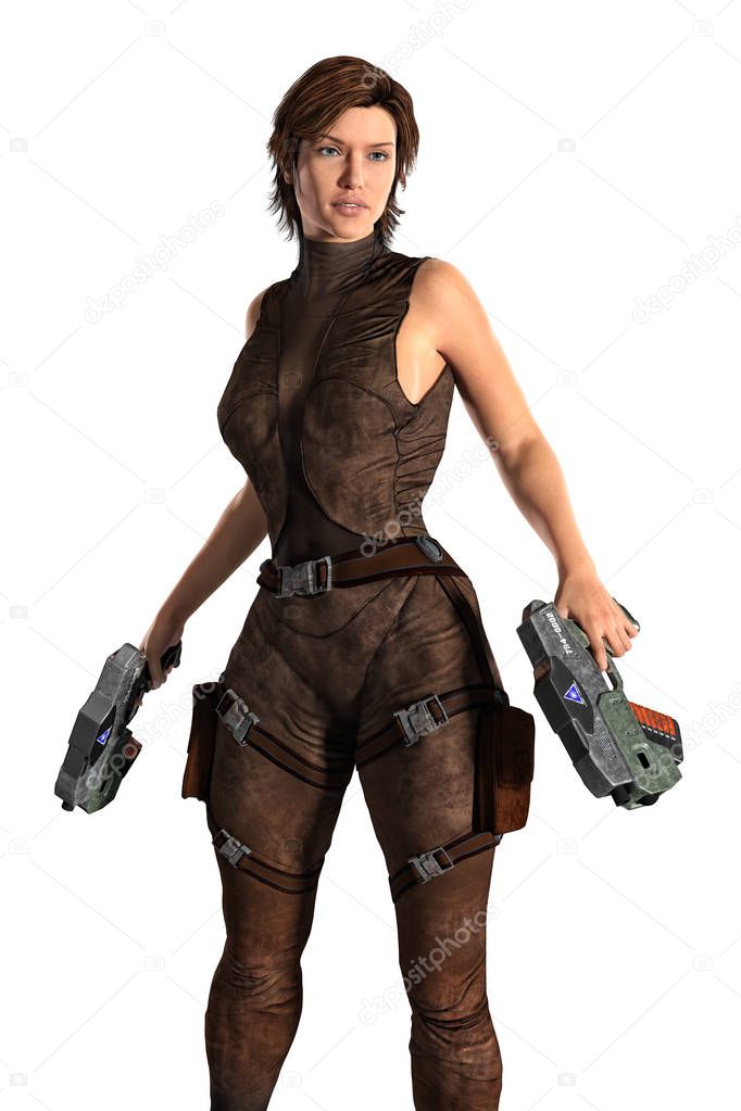Woman with Two Guns Isolated