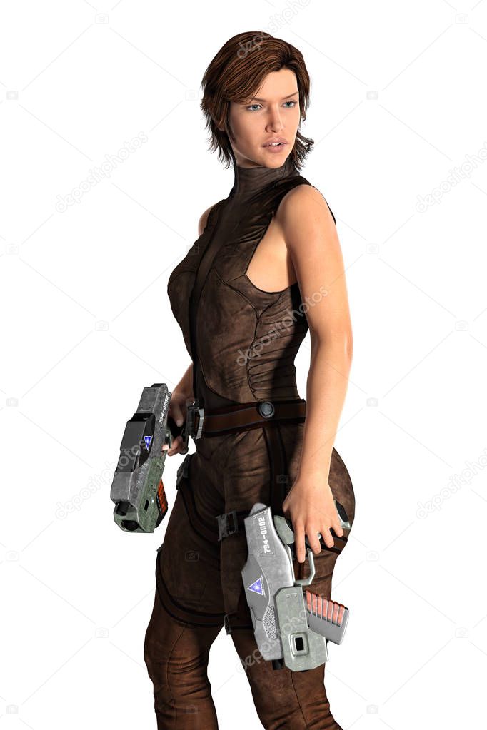 Woman with Two Sci-Fi Guns Isolated