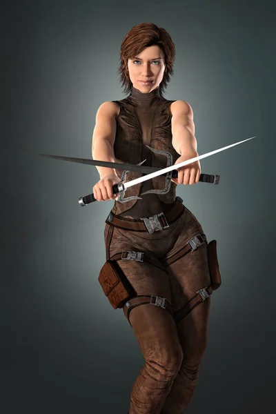 Ilustración Digital Una Mujer Sosteniendo Dos Espadas Adecuado Para Portada — Foto de Stock