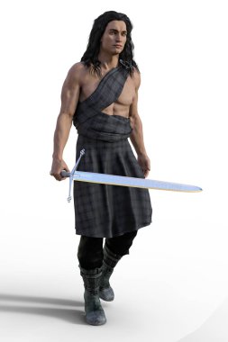 Bir yakışıklı İskoç savaşçı ya da bir kılıç taşıyan Highlander bir 3d dijital gösterimi.