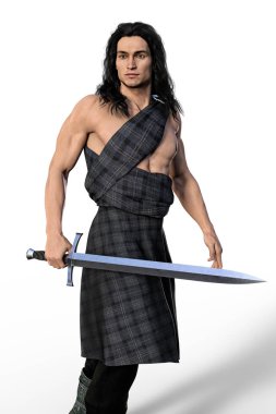 A 3D digital illustration of a handsome Scottish warrior or Highlander carrying a sword. clipart