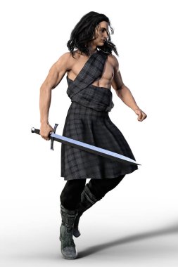 Bir yakışıklı İskoç savaşçı ya da bir kılıç taşıyan Highlander bir 3d dijital gösterimi.