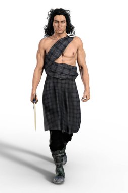 Bir yakışıklı İskoç savaşçı ya da bir kılıç taşıyan Highlander bir 3d dijital gösterimi.