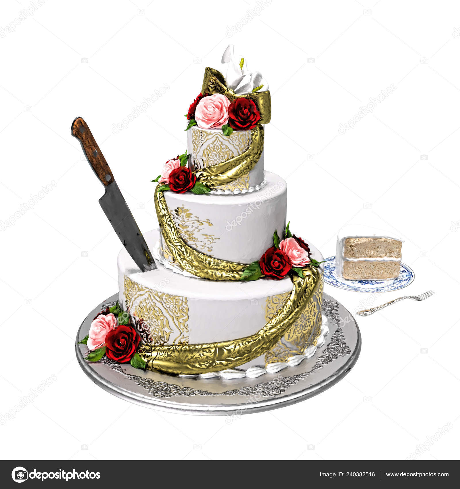 Painted Illustration Style Wedding Cake Knife Stuck Isolated White