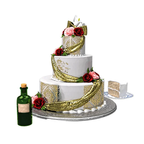 空白のラベルが緑のボトルでイラスト スタイル ウエディング ケーキが描かれています 白い背景上に分離 デザイン用途の広い範囲のための理想的ながあります謎料理 居心地のよいミステリー スリラー サスペンス 犯罪など書籍ジャンル — ストック写真