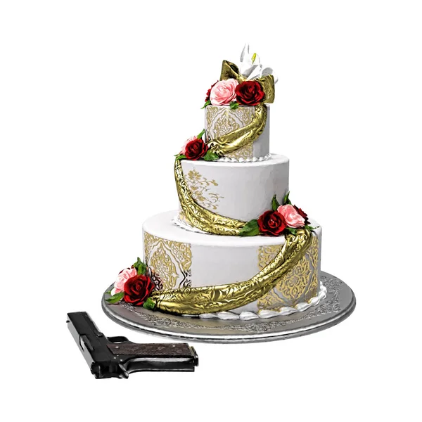 ウエディング ケーキと分離された銃 — ストック写真