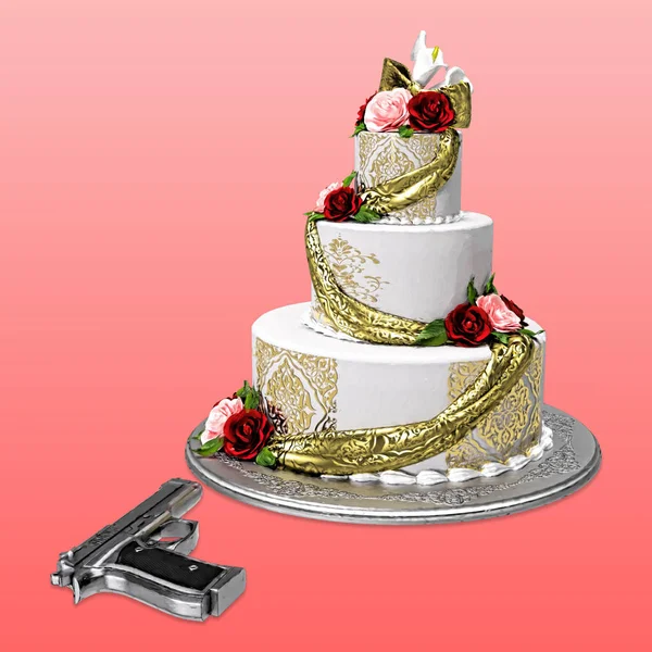 Painted Illustration Style Celebration Cake Silver Gun Ideal Wide Range — Stock Photo, Image
