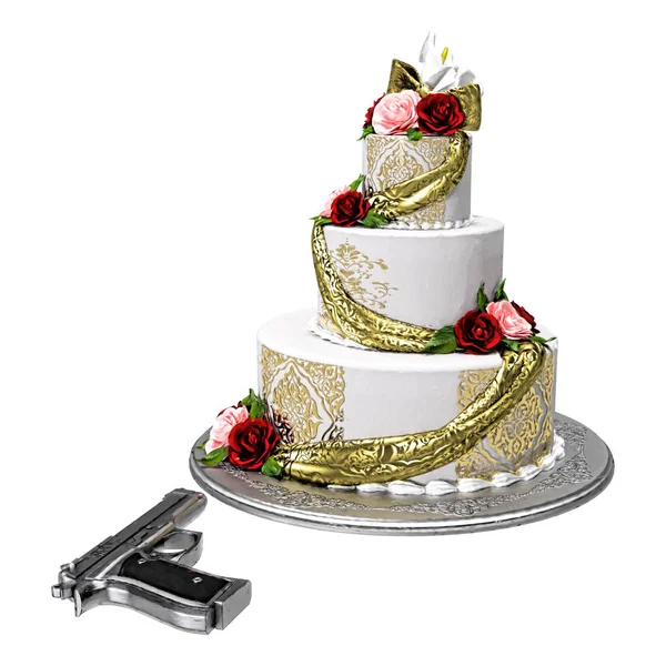 Cake and Silver Gun Isolated — Stock Photo, Image