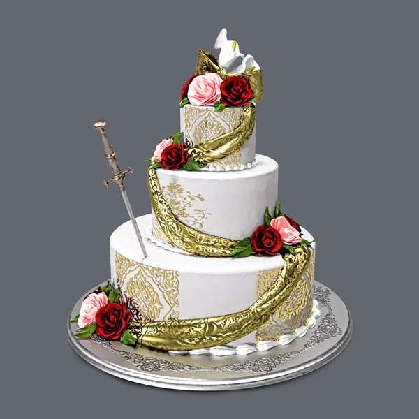 Bemalte Illustration Stil Feier Kuchen Mit Einem Silbernen Dolch Eingesetzt — Stockfoto