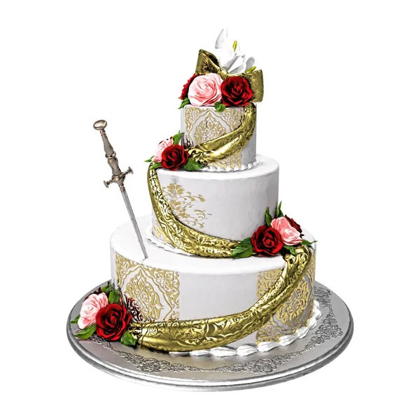 Painted Illustration Style Celebration Cake Silver Dagger Inserted Isolated White — Stock Photo, Image