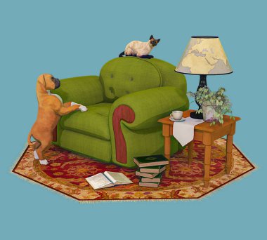 boxer köpek yavru kedi bir oturma odasında bir koltuk bakarak onun pençeleri ile 3D dijital tablomsu retro tarzı çizimi ayarlayın. Biri bir dizi.