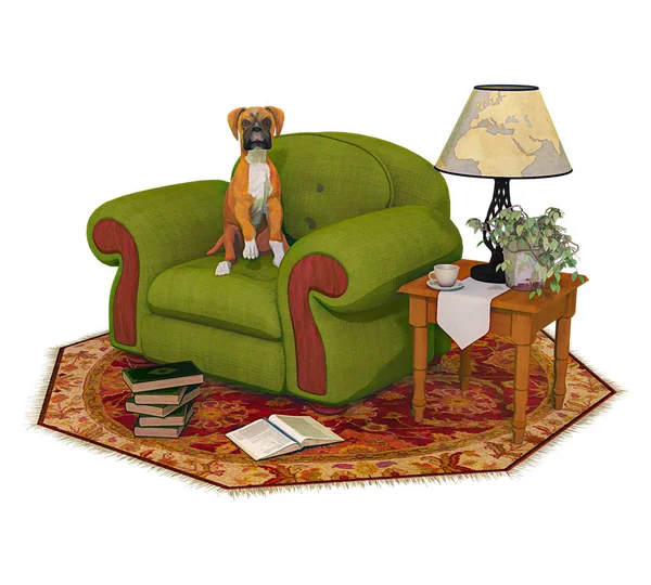 Illustrazione Digitale Stile Retrò Cucciolo Cane Pugile Seduto Una Poltrona — Foto Stock