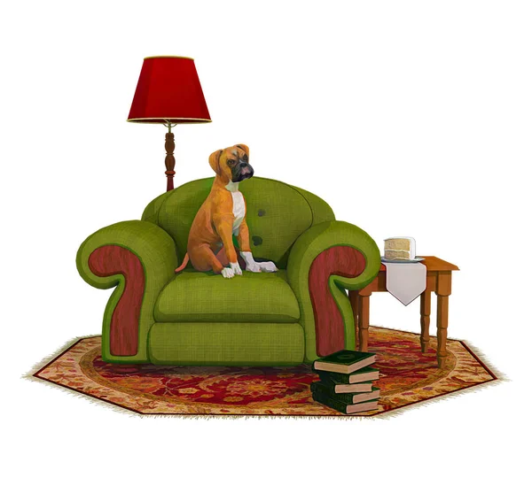 3D digital painterly retro style illustration of a boxer dog puppy sitting in an armchair in a mini living room set. Isolated on white background. One of series.