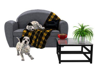 3D dijital tablomsu retro tarzı iki Dalmaçyalı köpekler, büyük gri kanepe Illustration. Beyaz arka plan üzerinde izole. Biri bir dizi.