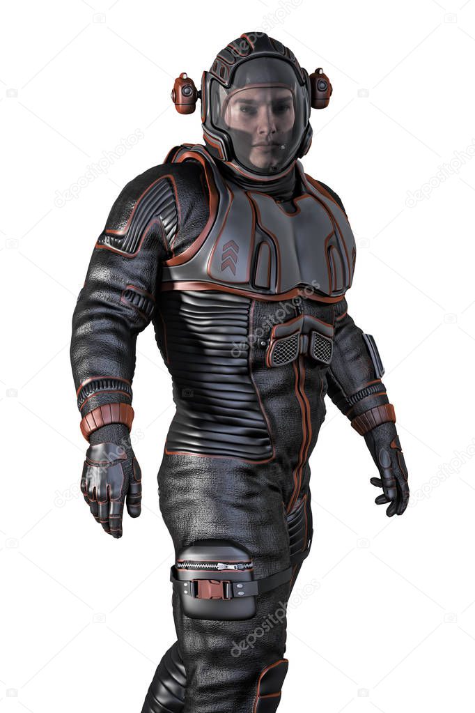3D rendering of a space explorer or astronaut in a spacesuit. Isolated on a white background