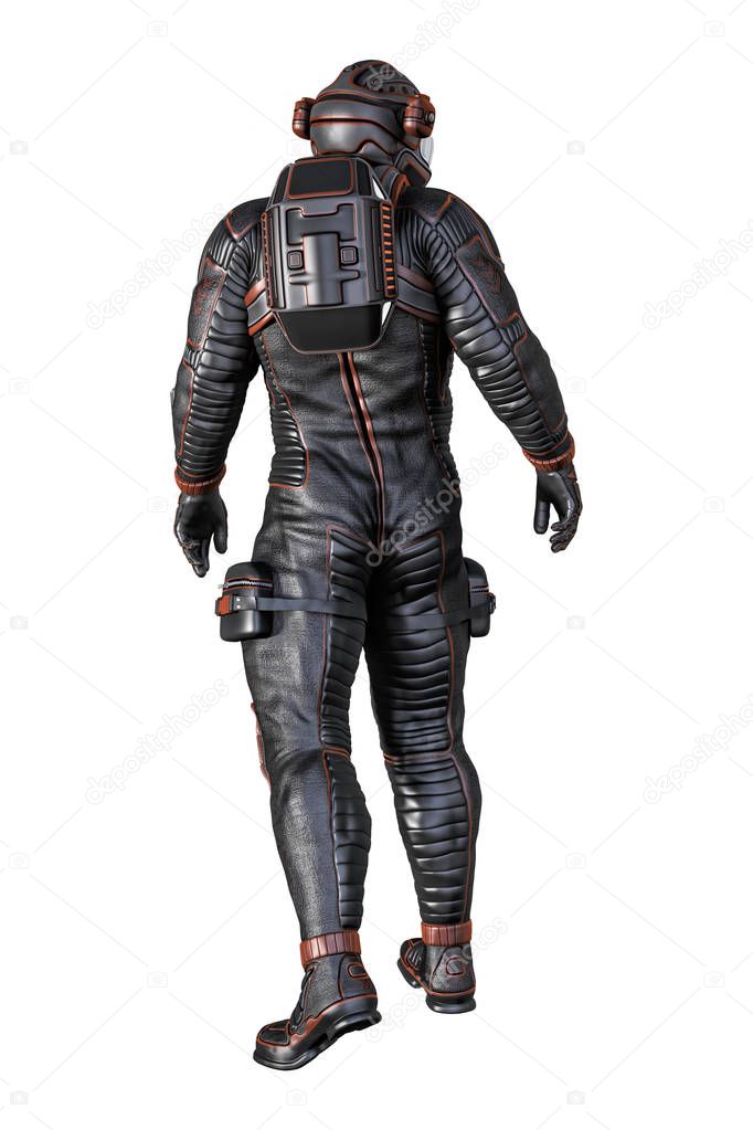 3D rendering of the review view of a space explorer or astronaut in a spacesuit. Isolated on a white background.