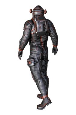 bir boşluk explorer veya astronot bir uzay giysisi içinde bir daha gözden geçirme görünümünü 3D render. Beyaz bir arka plan üzerinde izole.