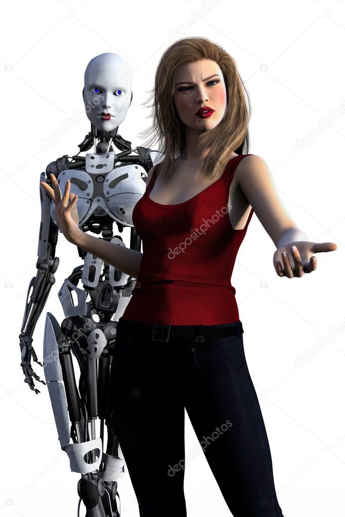 3D digital render illustration of a female cyborg robot and a beautiful human woman. Woman is in an Urban Fantasy spell casting pose. Isolated on a white background.