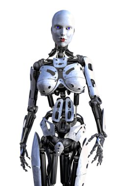 Kadın cyborg robot kameraya bakıyor. Beyaz bir arka plan üzerinde izole.