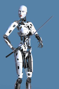 Kadın Cyborg bir Katana kılıcı tutan ve mesafe içine bakarak Robot. Biri bir dizi.