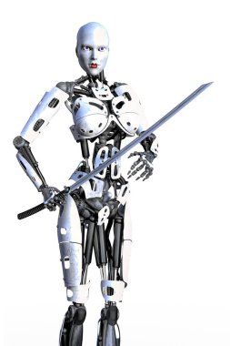 Kadın yapay zeka Cyborg bir Katana kılıcı tutan ve mesafe içine bakarak Robot. Beyaz bir arka plan üzerinde izole. Biri bir dizi.
