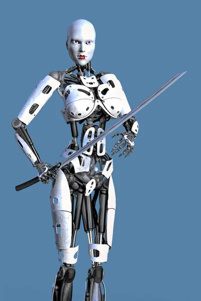 Female Artificial Intelligence Cyborg Robot holding a Katana Sword and looking into the distance. One of a series.