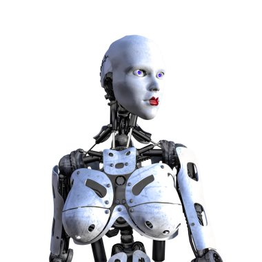 Yüz, baş ve omuzlar mesafe içine bakarak bir kadın robot. Beyaz bir arka plan üzerinde izole. Biri bir dizi.