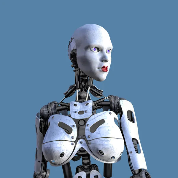 Face, head and shoulders of a female robot looking into the distance.