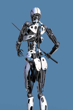 Bir katana kılıcı tutan ve uzak açık kadın Robot. Biri bir dizi.