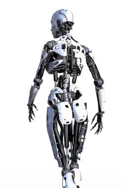 Kadın Robot kameradan uzak yürüme. Beyaz bir arka plan üzerinde izole. Biri bir dizi.