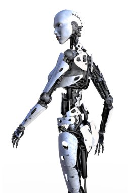 Bir kadın robot yan görünüm. Beyaz bir arka plan üzerinde izole. Biri bir dizi.