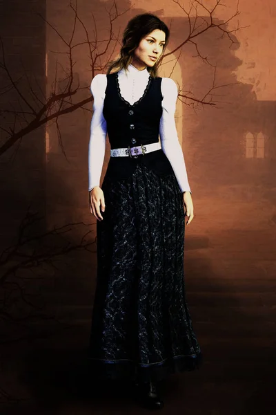 A 3D digital painted style illustration of a woman in victorian style costume. Figure set in a ruined castle.  Particularly suited to Victorian Historical Romance, Westerns and Victorian period design and book cover art.