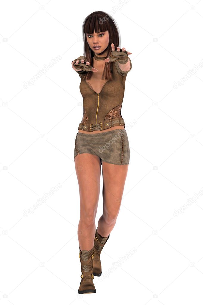 Assertive beautiful young woman in urban fantasy pose with arms outstretched in front of her. Rendered in a softer style suitable for book cover art. Isolated on a white background. One of a series.