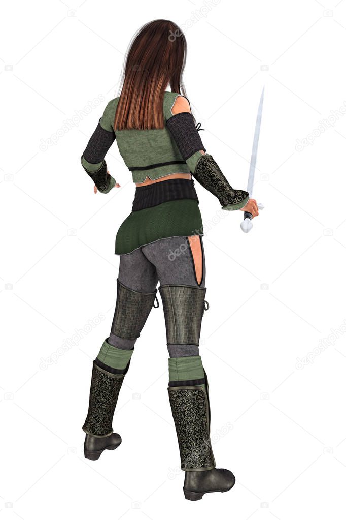 Rendering of a beautiful brunette female warrior holding a sword turned away from the camera. Rendered in a softer illustrative style particularly suited to book cover art and design. Isolated on a white background. One of a series.