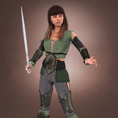 3d güzel esmer kadın savaşçı bir kılıç tutan. Daha yumuşak bir açıklayıcı stilde özellikle kitap örtmek sanat ve tasarım için uygun hale. Biri bir dizi.