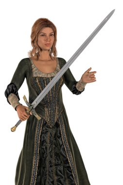 3D çizimi Ortaçağ kostüm süslü bir kılıç tutan güzel bir kadın. Kitap kapağı sanat Illustration için uygun özellikle yumuşak bir tarzda işlenen. Beyaz bir arka plan üzerinde izole. Biri bir dizi.