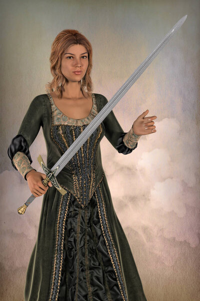 3D illustration of a beautiful woman in medieval costume holding an ornate sword. Rendered in a softer style particularly suited to book cover art illustration. One of a series.