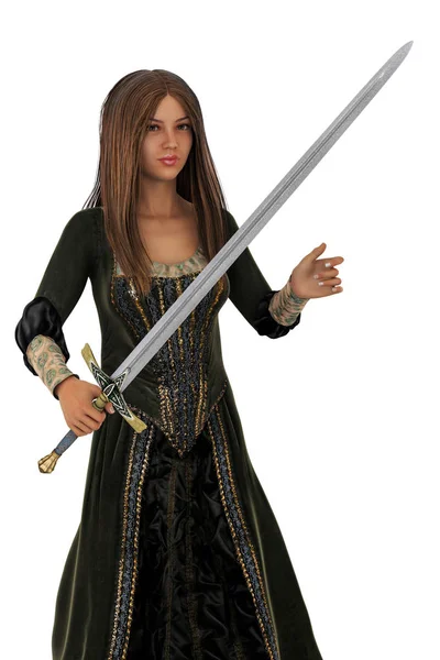 Ilustração Uma Bela Mulher Traje Medieval Segurando Uma Espada Ornamentada — Fotografia de Stock